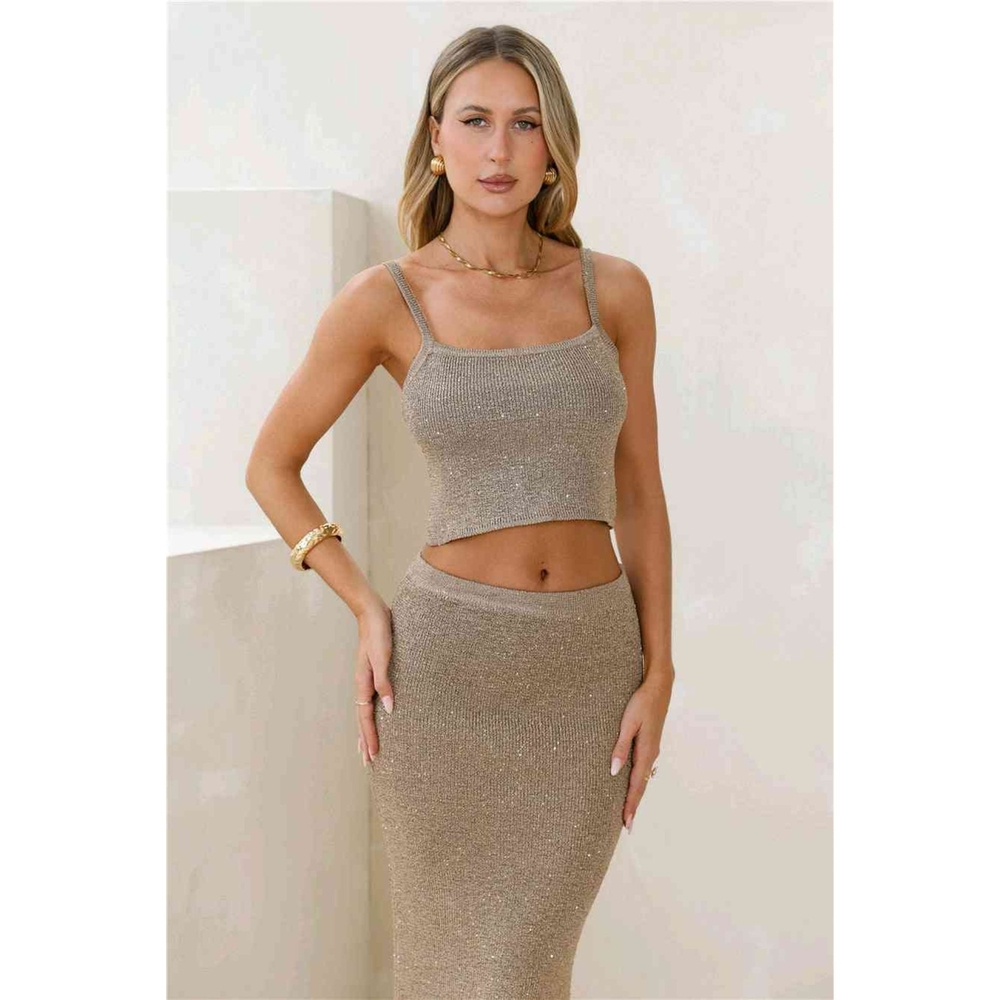 Glimmering Hour Sequin Knit Crop Top and Midi Skirt - Gold